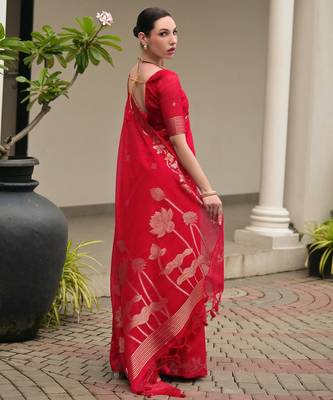 red color jute art silk saree with blouse 4
