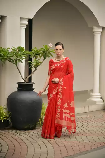 red color jute art silk saree with blouse