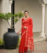 red color jute art silk saree with blouse