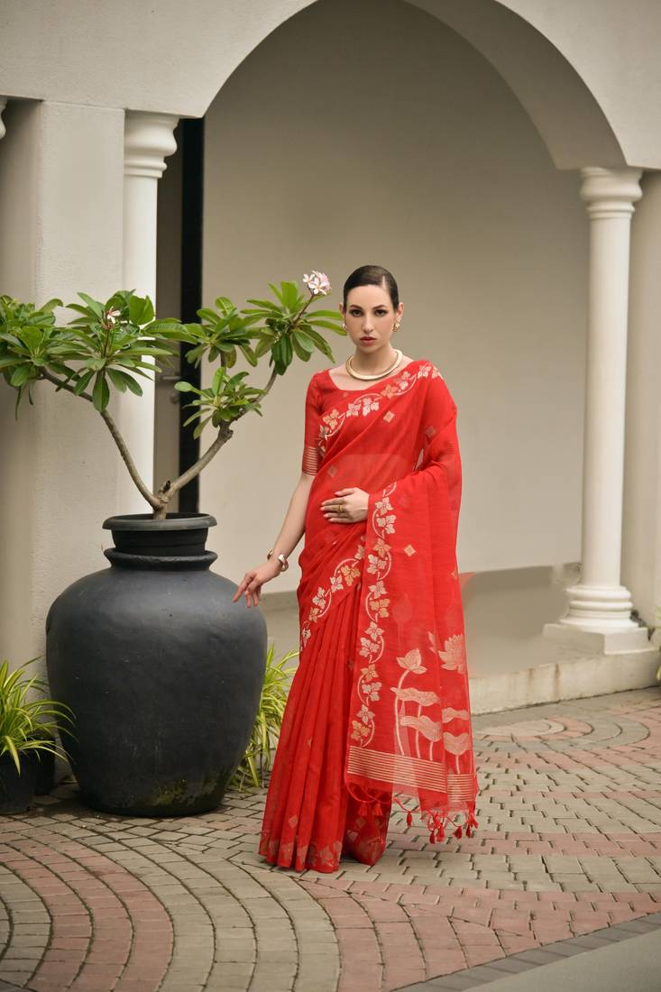 red color jute art silk saree with blouse