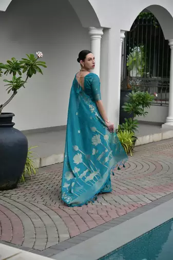 teal color jute art silk saree with blouse