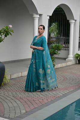 teal color jute art silk saree with blouse 1