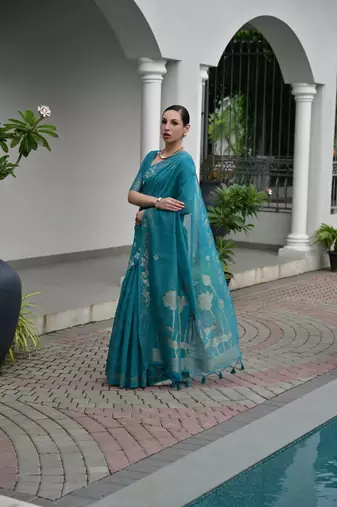 teal color jute art silk saree with blouse