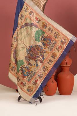 blue color khadi art silk saree with printed blouse 3