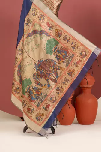 blue color khadi art silk saree with printed blouse