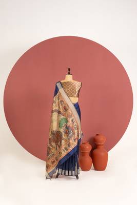 blue color khadi art silk saree with printed blouse 1
