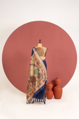 blue color khadi art silk saree with printed blouse