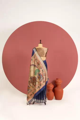 blue color khadi art silk saree with printed blouse