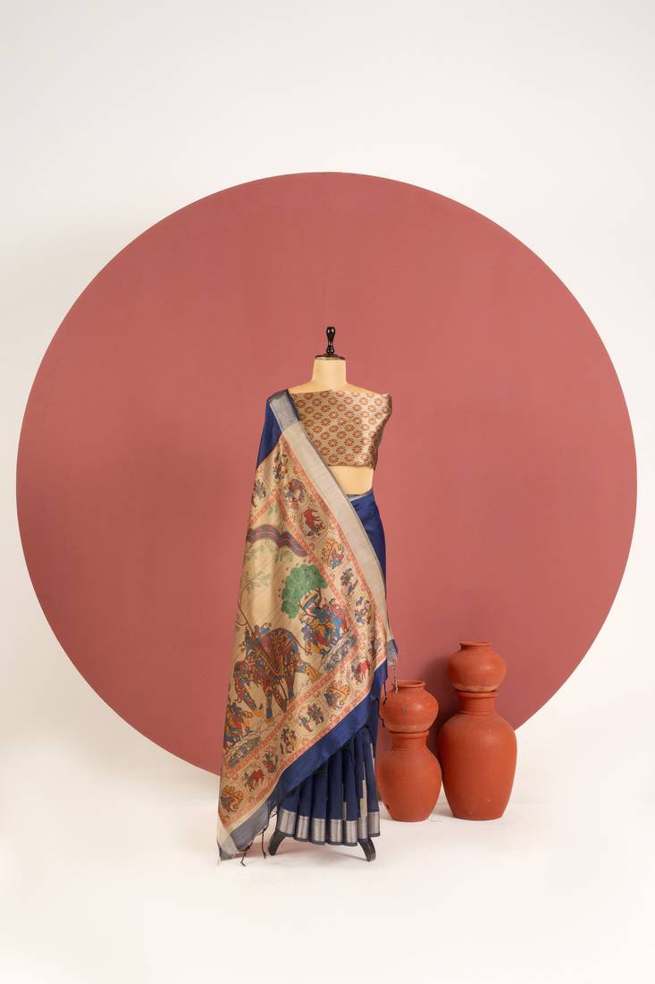 blue color khadi art silk saree with printed blouse