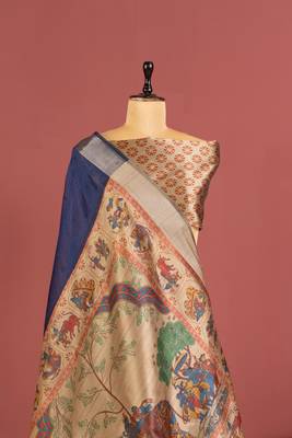blue color khadi art silk saree with printed blouse 4