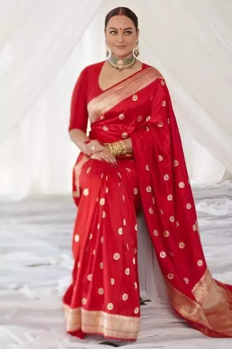 Red silk blend banarasi jaquard designer saree with blouse