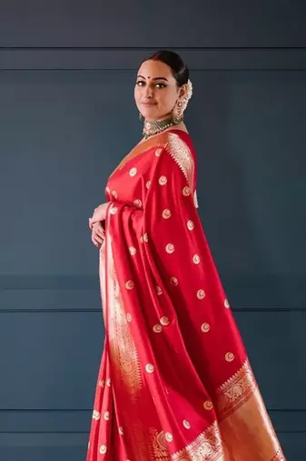 Red silk blend banarasi jaquard designer saree with blouse