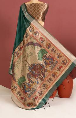 dark green color khadi art silk saree with printed blouse 1