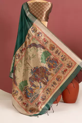 dark green color khadi art silk saree with printed blouse