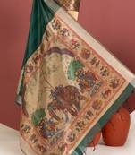 dark green color khadi art silk saree with printed blouse