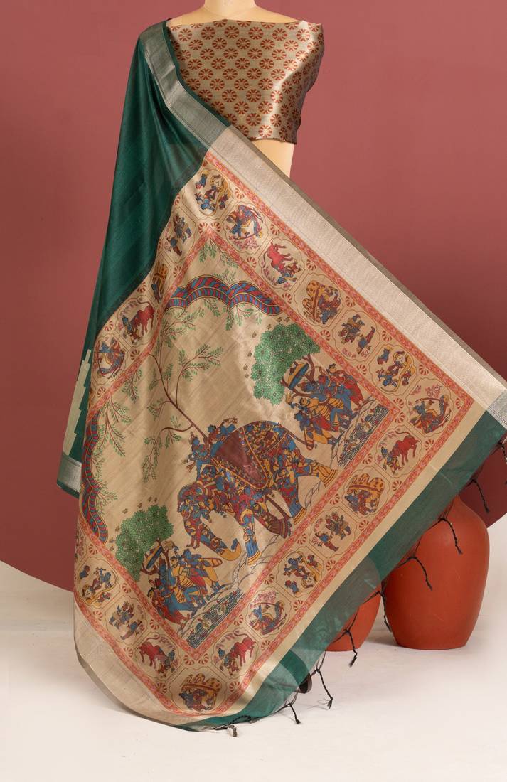 dark green color khadi art silk saree with printed blouse