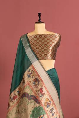 dark green color khadi art silk saree with printed blouse 2