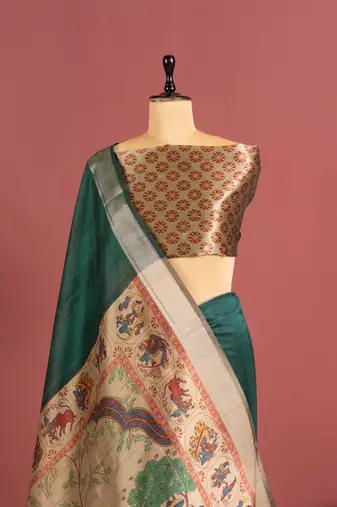 dark green color khadi art silk saree with printed blouse