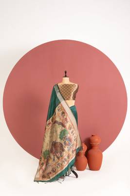 dark green color khadi art silk saree with printed blouse 3