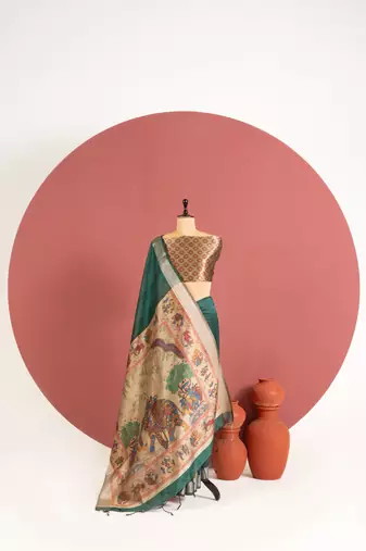 dark green color khadi art silk saree with printed blouse