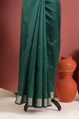 dark green color khadi art silk saree with printed blouse 4