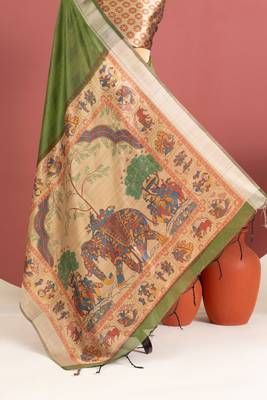 green color khadi art silk saree with printed blouse 1