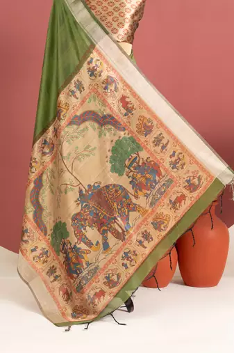 green color khadi art silk saree with printed blouse