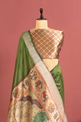 green color khadi art silk saree with printed blouse 2