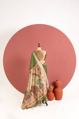 green color khadi art silk saree with printed blouse 3