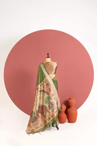 green color khadi art silk saree with printed blouse