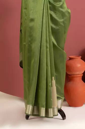 green color khadi art silk saree with printed blouse