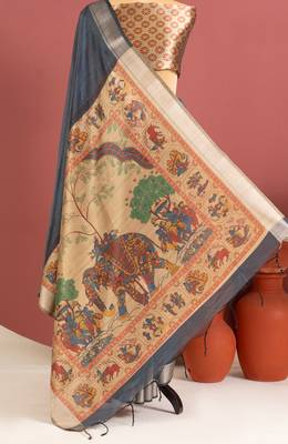 grey color khadi art silk saree with printed blouse 1