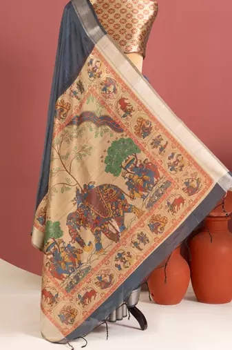 grey color khadi art silk saree with printed blouse