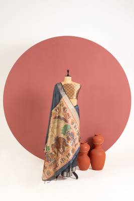 grey color khadi art silk saree with printed blouse 2