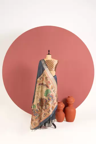 grey color khadi art silk saree with printed blouse