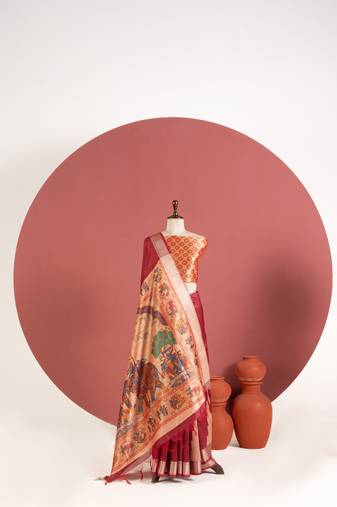 maroon color khadi art silk saree with printed blouse