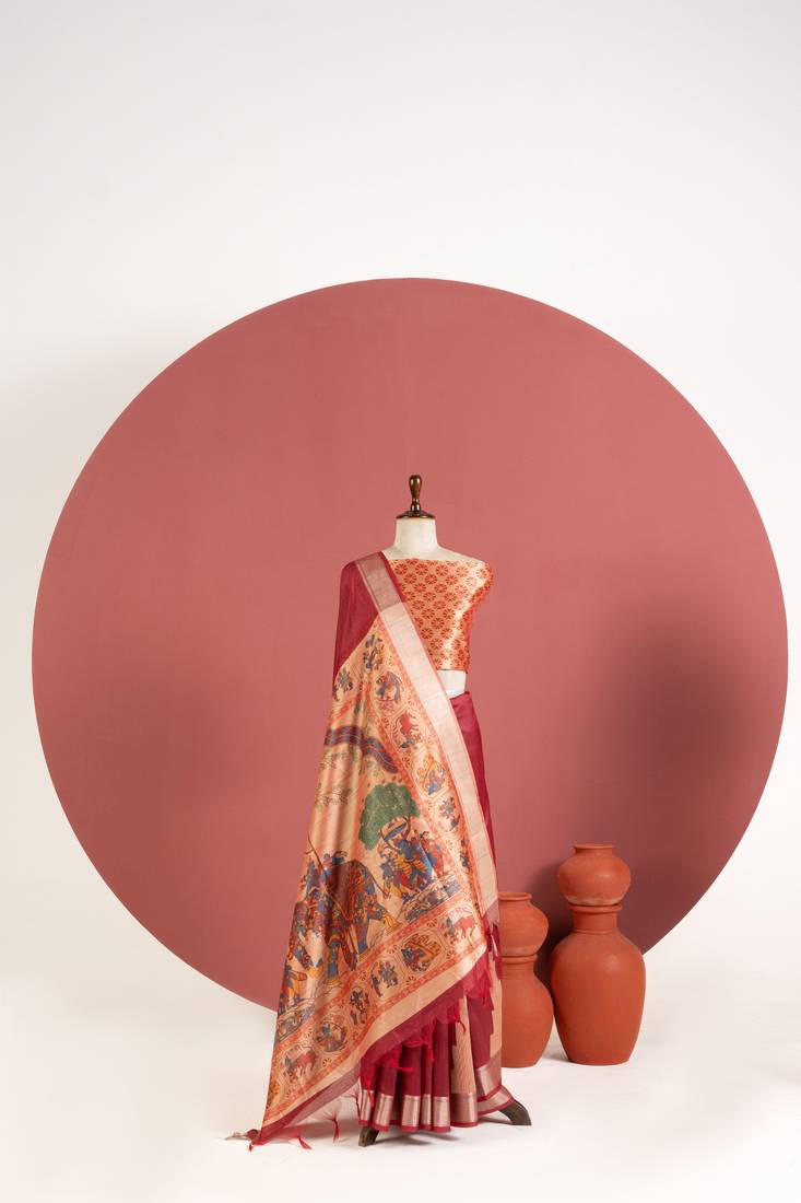 maroon color khadi art silk saree with printed blouse