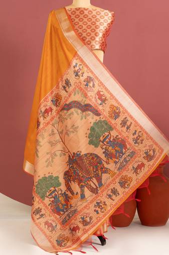 orange color khadi art silk saree with printed blouse
