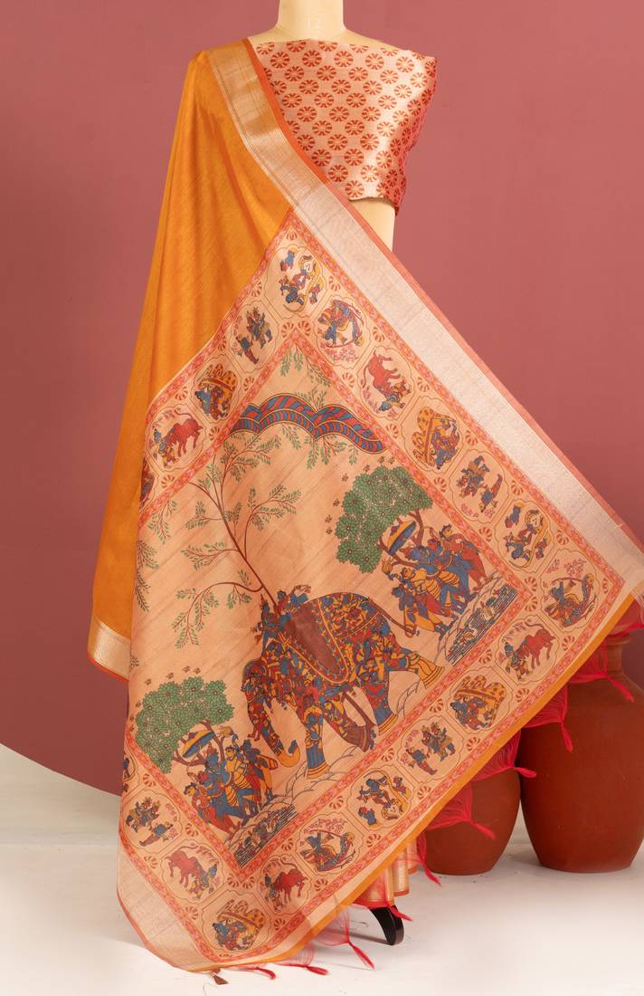 orange color khadi art silk saree with printed blouse