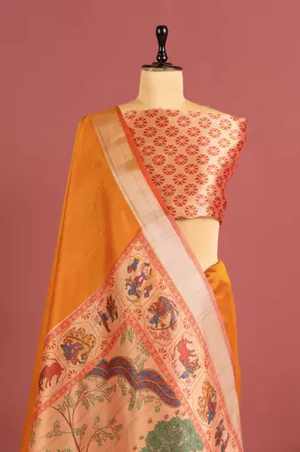 orange color khadi art silk saree with printed blouse