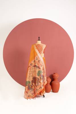 orange color khadi art silk saree with printed blouse 3
