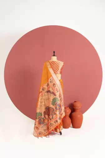 orange color khadi art silk saree with printed blouse