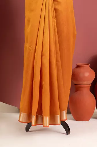orange color khadi art silk saree with printed blouse