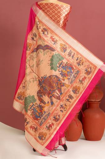 pink color khadi art silk saree with printed blouse