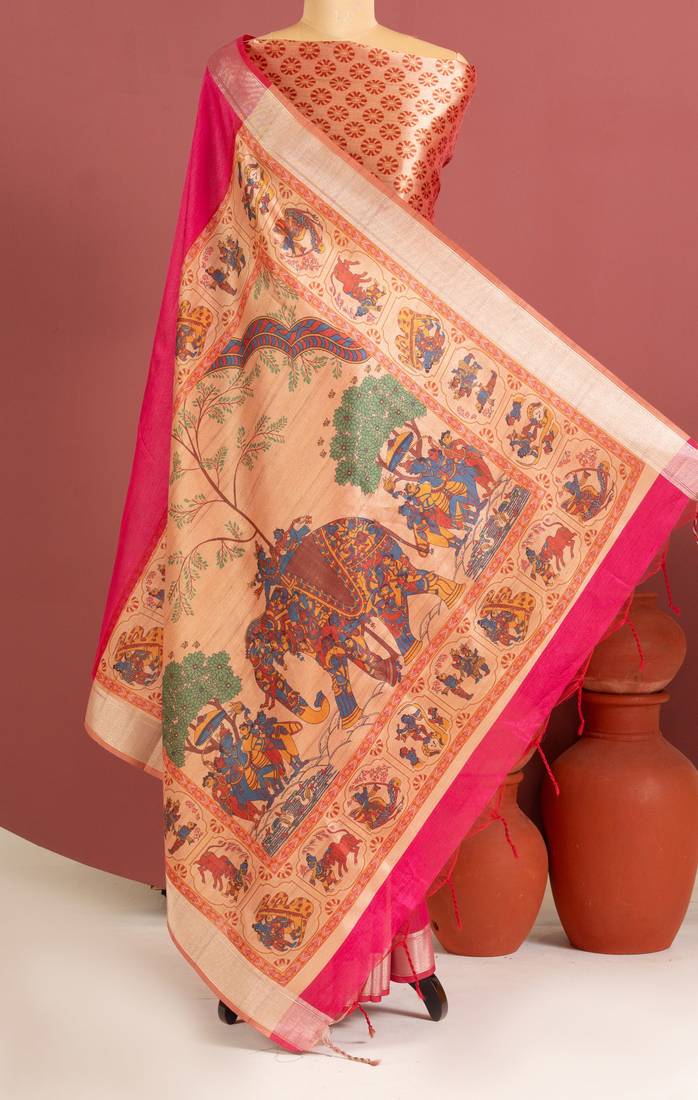 pink color khadi art silk saree with printed blouse