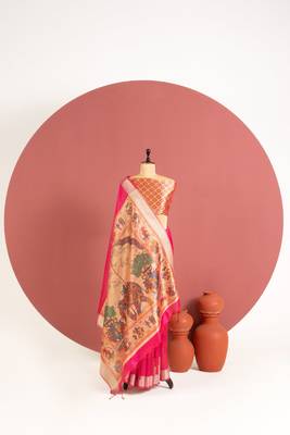 pink color khadi art silk saree with printed blouse 2