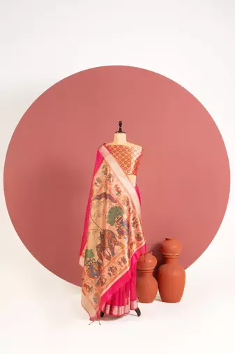pink color khadi art silk saree with printed blouse