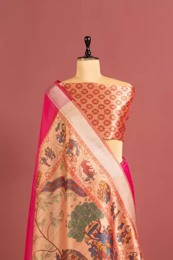 pink color khadi art silk saree with printed blouse