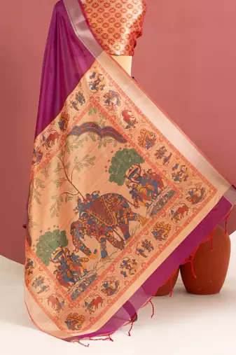 plum color khadi art silk saree with printed blouse