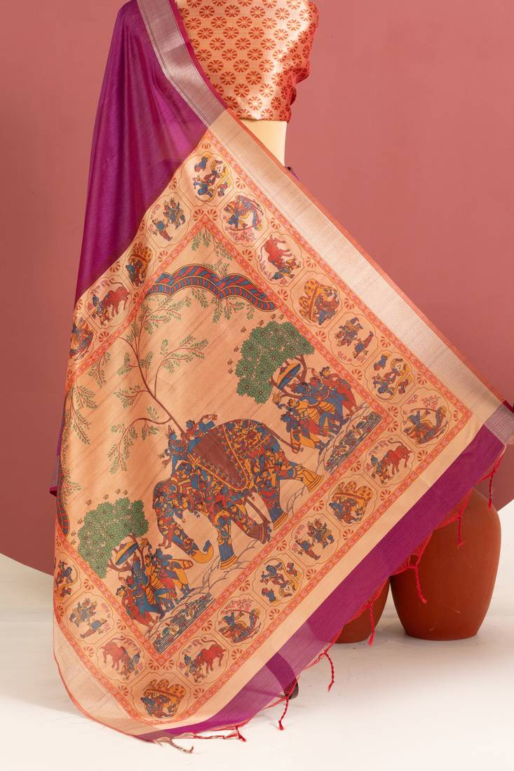 plum color khadi art silk saree with printed blouse